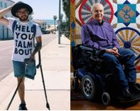 Two images side by side: left-a biracial man with one leg stands with crutches on a sidewalk; right-an older with man with white hair sits in a mechanized wheelchair in front of a patterned quilt.